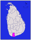Area map of Matara District, roughly rectangular in shape and extending inwards from the southern coast, in the Southern Province of Sri Lanka