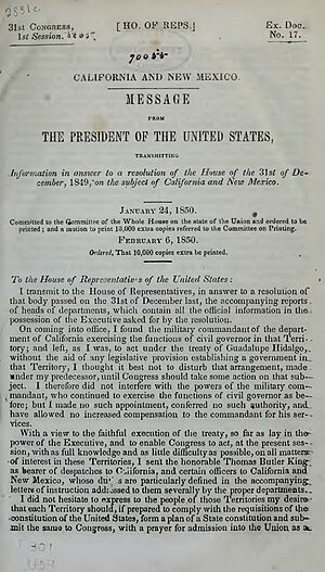 Message from the President of the United States on the subject of California and New Mexico