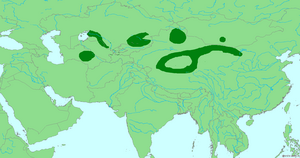 Map of showing highlighted range covering six areas from Turkmenistan east to China