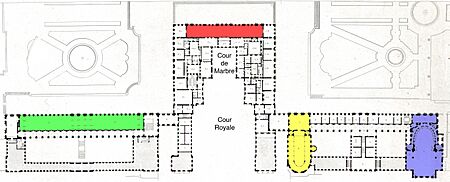Plans du rez-de-chaussée et du premier étage du palais de Versailles, Éditeur Gavard, premier étage - Gallica 2011 (detail, color-coded)