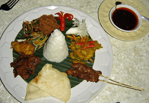 Plate of nasi campur (Mandarin Oriental Hotel Mahapahit, Surabaya, Indonesia)