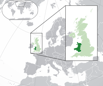 Location of  Wales  (dark green)– on the European continent  (green & dark grey)– in the United Kingdom  (green)