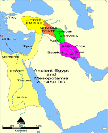 Overview map in the 15th century BC showing the core territory of Assyria with its two major cities Assur and Nineveh wedged between Babylonia downstream on the Tigris and the states of Mitanni and Hatti upstream.
