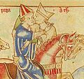 Becket bids farewell to the Pope - Becket Leaves (c.1220-1240), f. 1v - BL Loan MS 88 (cropped)