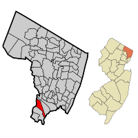 Map highlighting Rutherford's location within Bergen County. Inset: Bergen County's location within New Jersey.