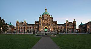 British Columbia Parliament Buildings illuminated at dusk