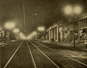 Enclosed arc lamps on Baltimore Street (1909)
