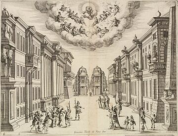 Feste teatrali per la Finta pazza – Gallica bpt6k15118548 f51 (set design for act 2, scene 8, to act 3, scene 4) cropped