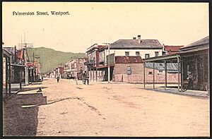 G Parkhouse (Firm, Westport) -Palmerston Street, Westport. New Zealand post card, issued by G Parkhouse, Westport. Phototyped in Saxony (ca 1910) (21453604688)
