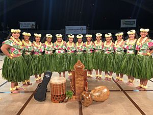 Hula Hālau O Kamuela under the direction of Kumu Hula Kauʻi Kamanaʻo and Kunewa Mook - 2019 Overall Winners of the Merrie Monarch Festival - Hilo HI - Lokalia Montgomery Perpetual Trophy