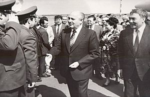 Mikhail Sergeyevich Gorbachev and Nursultan Abishevich Nazarbayev at Kokchetav Airport in 1991