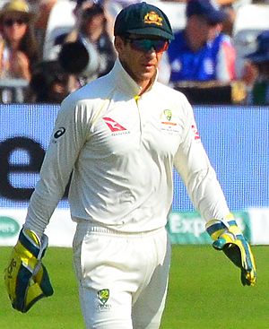 Poised for the start of Day 4 of the 3rd Test of the 2019 Ashes Ben Stokes; Tim Paine; umpire Joel Wilson; Usman Khawaja and Matthew Wade (48630622833) (cropped).jpg