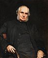 An old man in half-figure on a chair, with his right arm over the back, facing the viewer. His hair and large muttonchops are white, his attire is black and simple.