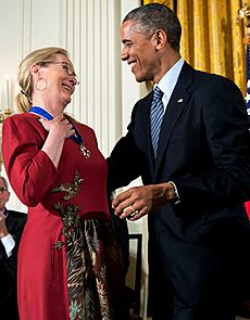 President Barack Obama presents the Presidential Medal of Freedom to actress Meryl Streep during a ceremony in the East Room of the White House (cropped)