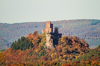 Photo of Trifels Castle as see from Martinstrum. The Castle's square brick towers sit on top of the rocky peak of a hill in a forested valley.