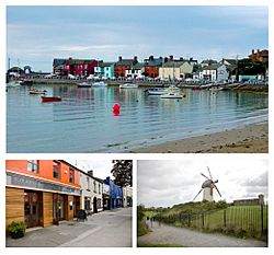Clockwise from top: Brightly painted houses lining Skerries harbour; the Great Windmill; businesses on Strand Street