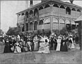 Wedding guests of Miss Perkins and Mr Randall McDonnell in the grounds of Aubigny, at North Quay, Brisbane, 1897
