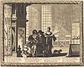 Old man by fireplace with two attendants