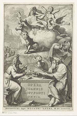 Allegorische figuur met Joodse man Titelpagina voor John Lightfoot, Opera Joannis Ligtfooti omnia, 1686, RP-P-2016-841