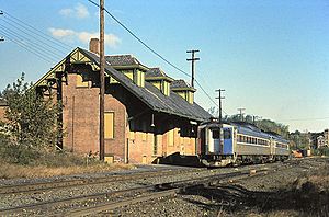 Amtrak train at Windsor Locks station, October 1979