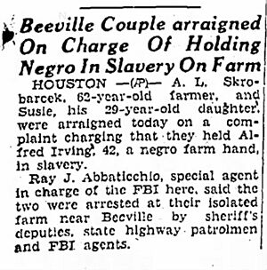 Beeville couple arraigned on charge of holding Negro in slavery on farm (1942) The Brownsville Herald