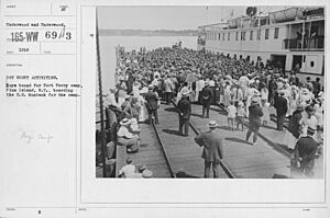 Boy's Activities - Junior Camp Association - Boy Scout activities. Boys bound for Fort Terry camp, Plum Island, N.Y., boarding the S.S. Montauk for the camp - NARA - 20808676