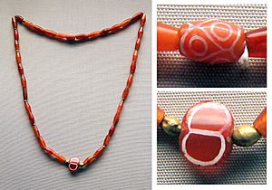 British Museum Middle East 14022019 Gold and carnelian beads 2600-2300 BC Royal cemetery of Ur (composite)