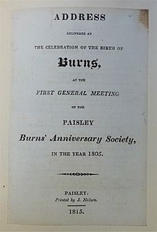 Burns 'Immortal 'Memory' of 1805 frontispiece. Paisley Burns Anniversary Society'. J. Neilson printers. 1815