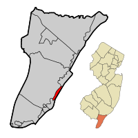 Stone Harbor Borough highlighted in Cape May County. Inset map: Cape May County highlighted in the State of New Jersey.