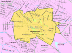 Census Bureau map showing location of Clementon within Camden County. Inset: Location of Camden County in New Jersey.