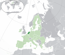 Location of the  Netherlands  (dark green)– on the European continent  (light green & dark grey)– in the European Union  (light green)  —  [Legend]