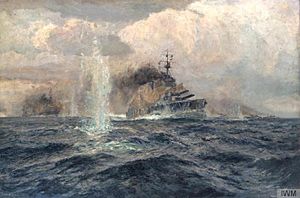 HMS Lion was the flagship of Rear Admiral David Beatty during the Battle of Dogger Bank on 24 January 1915. Art.IWMART5205.jpg