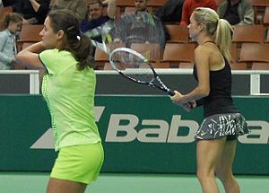 Klára Koukalová and Monica Niculescu BNP Paribas Katowice Open 2014 (cropped)