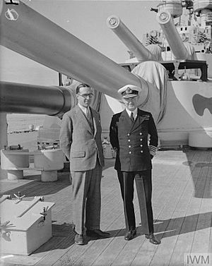 Sir Walter Monckton and Admiral Sir Andrew Cunningham, C in C Mediterranean, on the quarterdeck of the flagship. January 1942 IWM A 6697.jpg