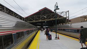 Two trains at Harrisburg station, September 2018