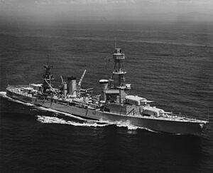 USS Pensacola (CA-24) underway at sea in September 1935 (NH 97838)