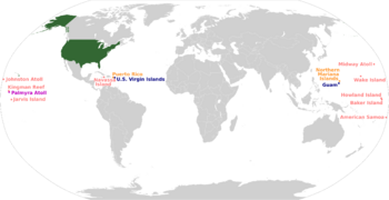 A world map with the states and territories of the United States highlighted in different colors.