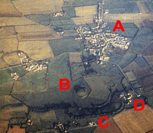 Aerial photograph of Skipsea Castle, labelled
