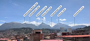 Blick nach Norden über Huaraz auf die schneebedeckten Gipfel der Cordillera Blanca