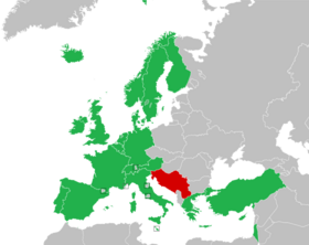Map of countries in Europe, North Africa and Western Asia showing boundaries in 1992; contest participants in 1992 are coloured in green, with Yugoslavia coloured in red.