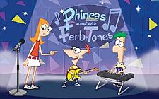 Three cartoon characters on a purple stage. Two of them are young boys playing instruments, while another is a teenage girl with red hair pointing at the two boys with a surprised look.