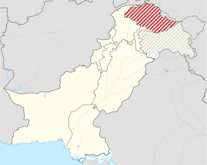 Location of Gilgit-Baltistan, disputed (red) and (white), with Siachen Glacier (1949-1984)