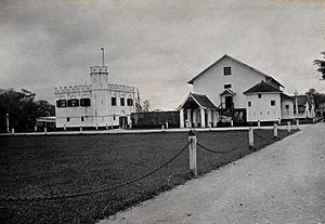 Kuching, Sarawak; a square-towered building and the jail. Ph Wellcome V0037399