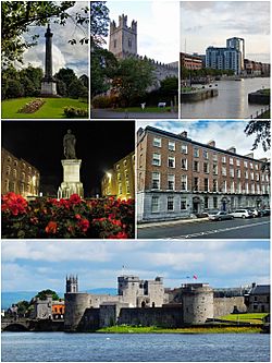 From top, left to right: People's Park, St. Mary's Cathedral, Riverpoint, Daniel O'Connell Monument, Georgian architecture at Pery Square, King John's Castle