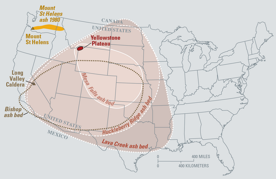 Map Volcanic Ashes Yellwostone Eruptions color