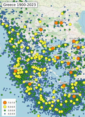 Map of earthquakes in Greece 1900-2017