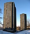 South towers with snowy ground, University of Essex, from the south
