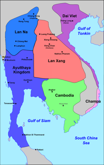 Extent of Lan Na's zone of influence (dark blue), c. 1400.