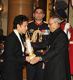 The President, Shri Pranab Mukherjee presenting the Bharat Ratna Awards 2014 to Shri Sachin Ramesh Tendulkar at a Investiture ceremony in New Delhi on February 4, 2014.