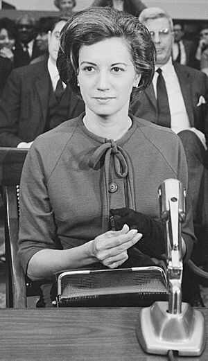 Yvette Diago Powell (Yvette Marjorie Flores), wife of U.S. Representative Adam Clayton Powell Jr., at a hearing in front of a House committee investigating charges against her husband, Washington, D.C portrait portrait (cropped)
